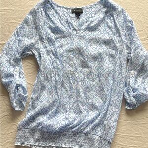 Elastic waist geometric print blouse long sleeve medium AB Studio blue